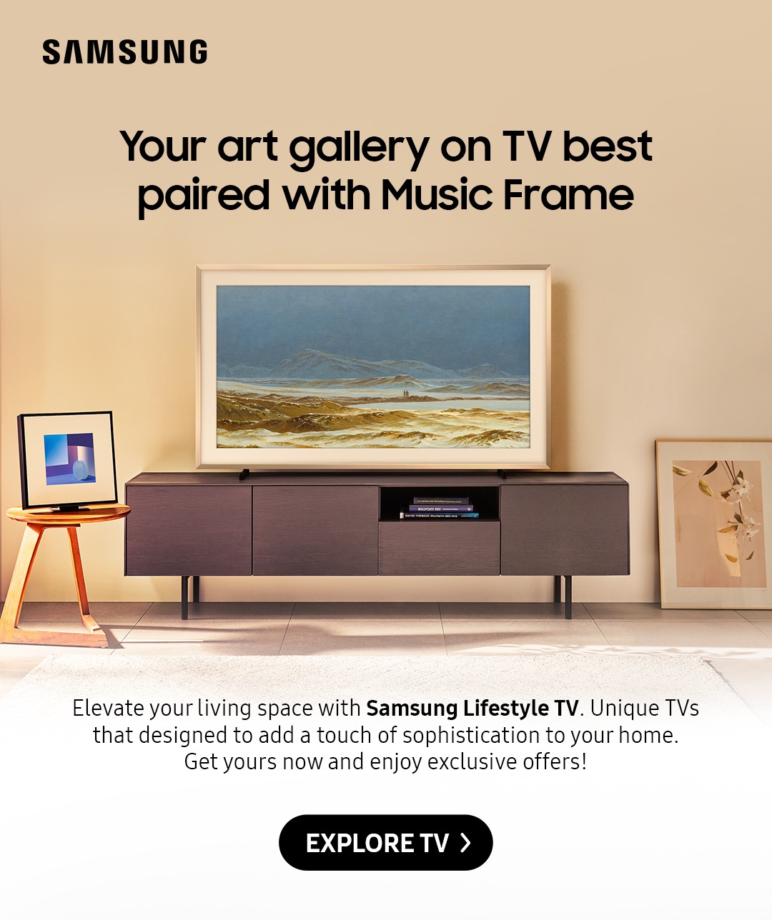 Your art gallery on TV best paired with Music Frame | Elevate your living space with Samsung Lifestyle TV. Unique TVs that designed to add a touch of sophistication to your home. Get yours now and enjoy exclusive offers!